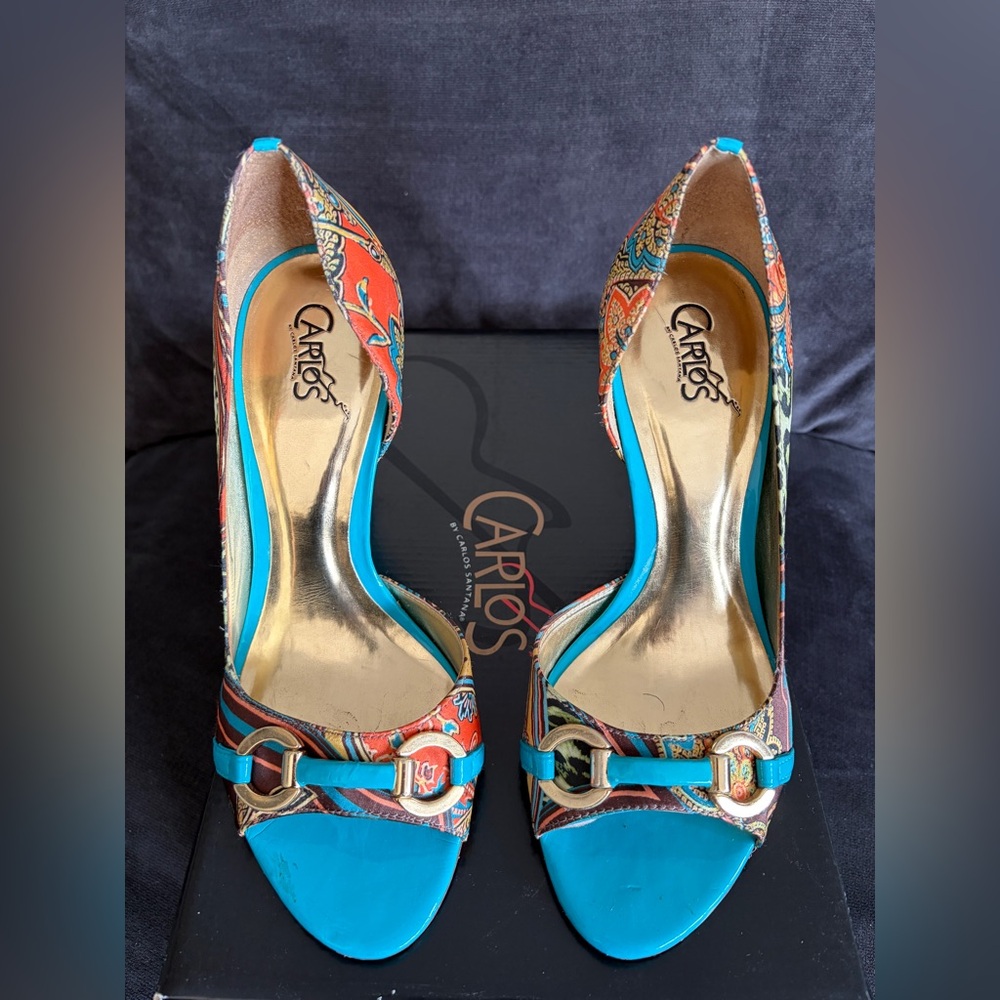 Carlos Santana Roulette Aqua Multicolor Peep Toe Heels with Blue Accents